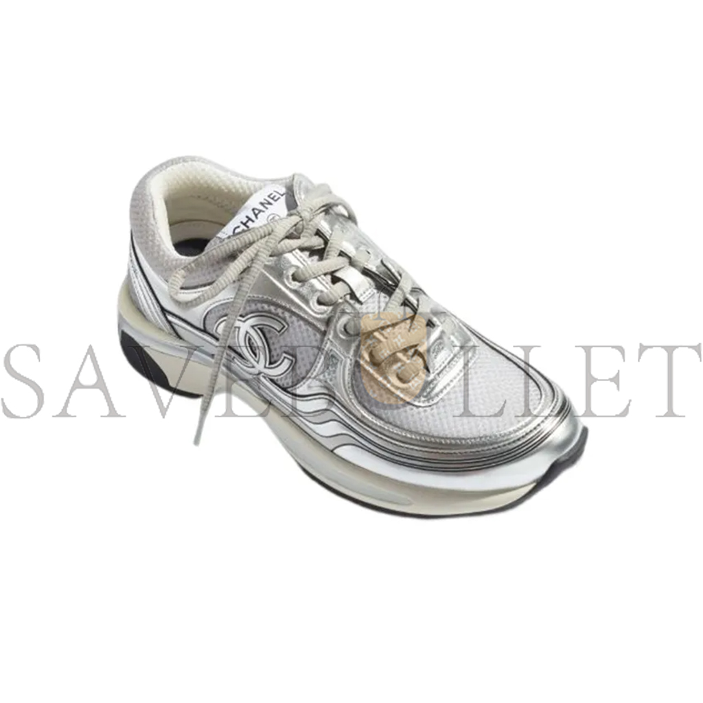 CHANEL  FABRIC LAMINATED CALFSKIN STRETCH CC SNEAKERS WHITE SILVER G39792